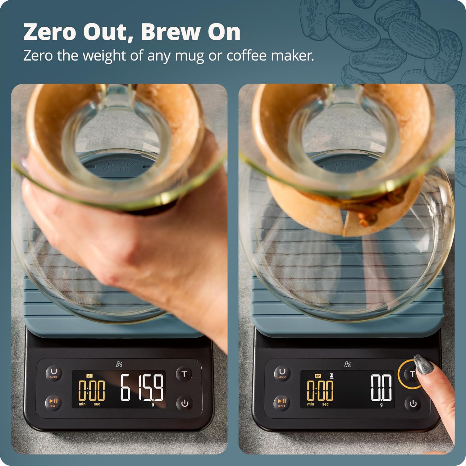 Greater Goods 0.1g Precision Coffee Scale with Timer – 3kg Digital Scale for Pour-Over, Espresso, French Press, Kitchen Use (Stone Blue) - Blissbrew
