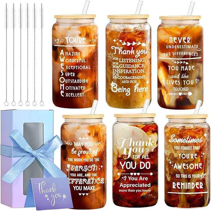 6 Set Employee Appreciation Gifts Bulk, Personalized Inspirational Thank You Gifts for Christmas Staff Coworker 16 oz Can Shaped Beer Glass Cups, Gift Box and Card for Team Women Men Teacher