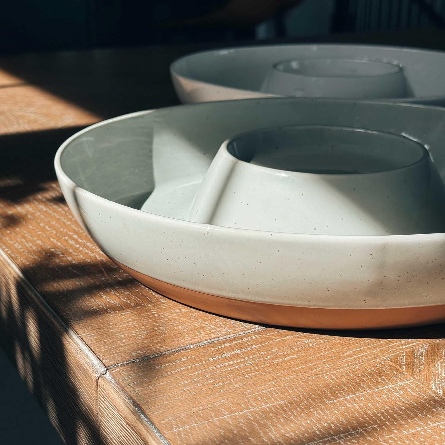 Mora Ceramic Chips and Dip Serving Tray: Large Divided Party Bowl Set for Chips & Salsa, Veggies & Dip, Fruit, Snacks, Entertaining, Hosting, etc. Minimalist Design for the Modern Hostess - Earl Grey