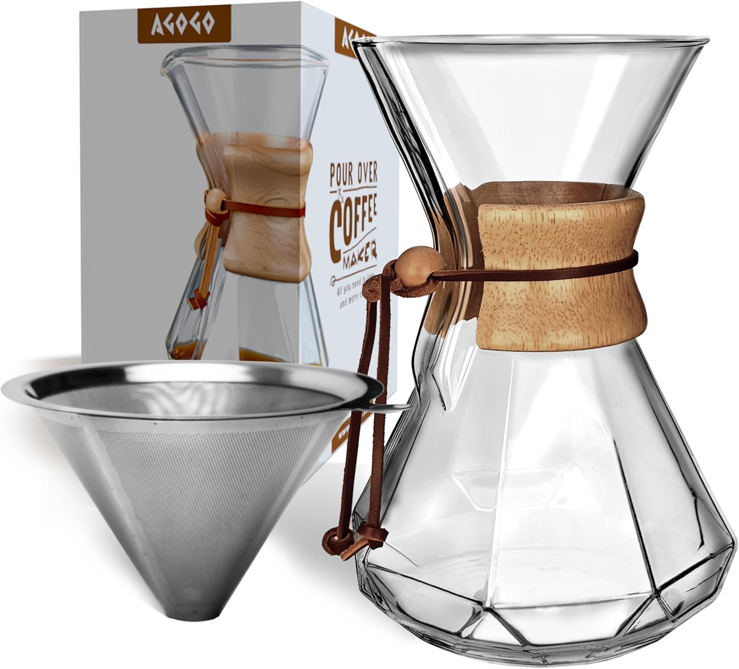 AGOGO Pour Over Coffee Maker Glass - 6/8/10 Cup Barista Kit with 304 Stainless Filter for Home, Office, Camping, Cafes - Easy Clean Coffee Dripper Set (Rag&Brush Included) (10 Cup/34 oz-Diamond Shape) - Blissbrew