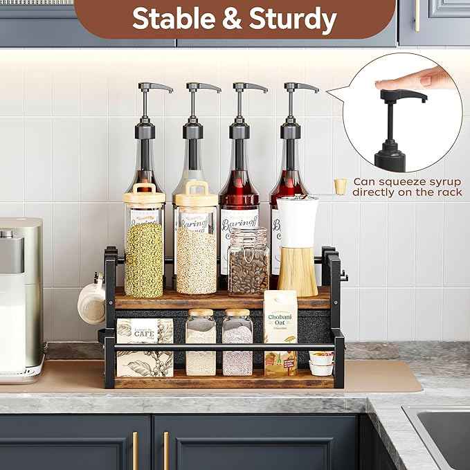 Coffee Syrup Organizer Rack, 2-Tier Coffee Bar Accessories, Bottle Holder Stand with K Cup Storage Drawer for Coffee bar, Wine Rack, Storage Shelves for Syrup. (Rustic Brown)