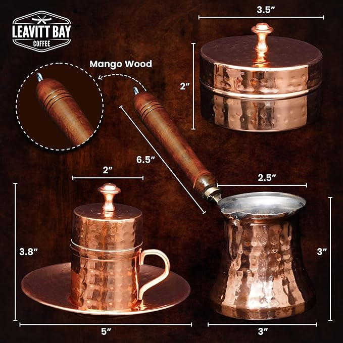 Turkish Coffee Set – Turkish Coffee Maker Set w/ 2 Cups, Sugar Dish, & Copper Pot (Cezve) – Traditional Gifts for Latte Lovers - 7oz