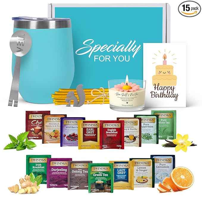 Birthday Gift Set with Stainless Tumbler, 15 Assorted Teas, 10 Honey Straws, Tea Tongs, Scented Candle and Greeting Card in Ready-to-Gift Box (Teal - Birthday Card)