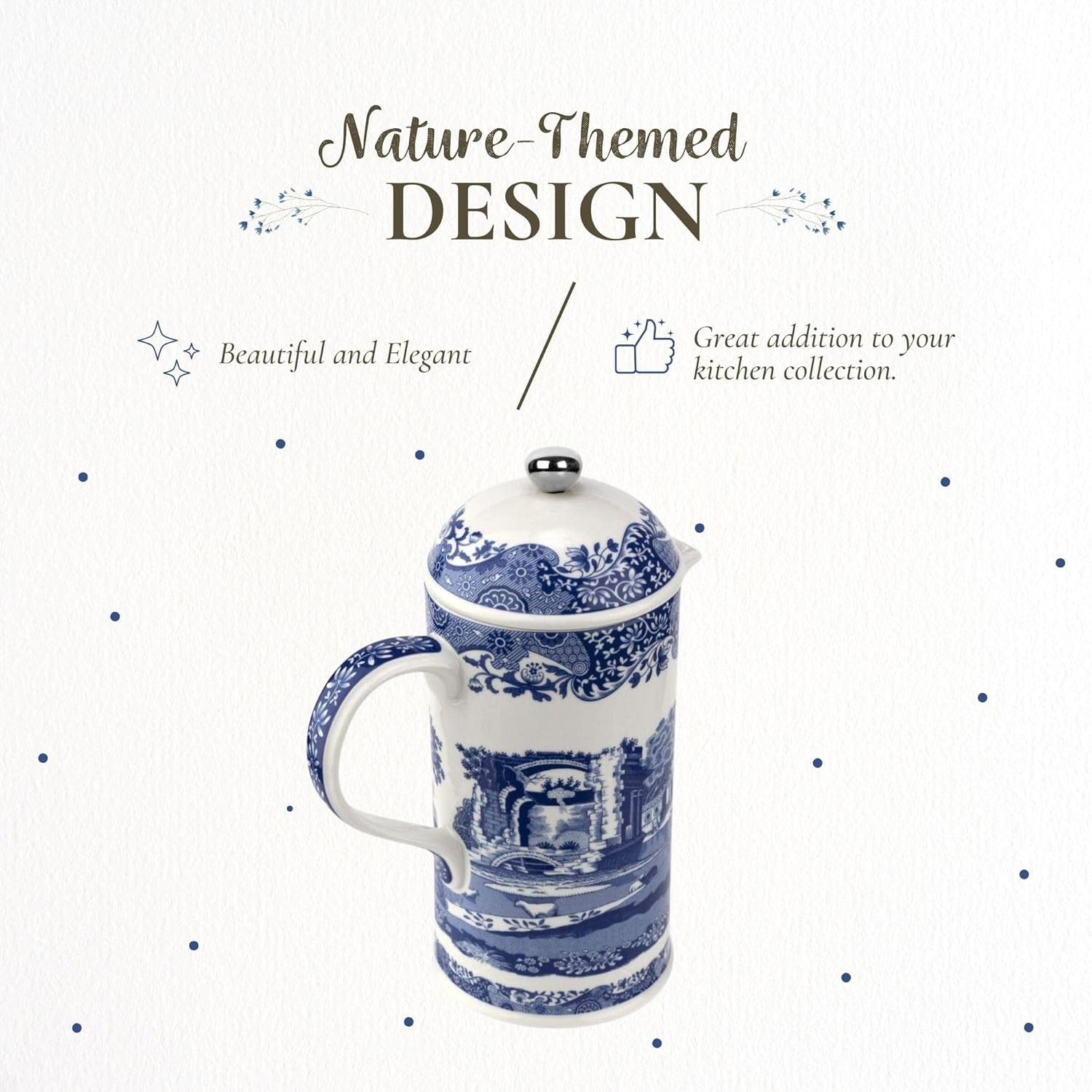 Spode Blue Italian French Press | 28-Ounce Capacity | Espresso, Coffee, and Tea Maker | Porcelain Cafetiere | Stainless Steel Plunger | Dishwasher Safe (Blue/White) - Blissbrew