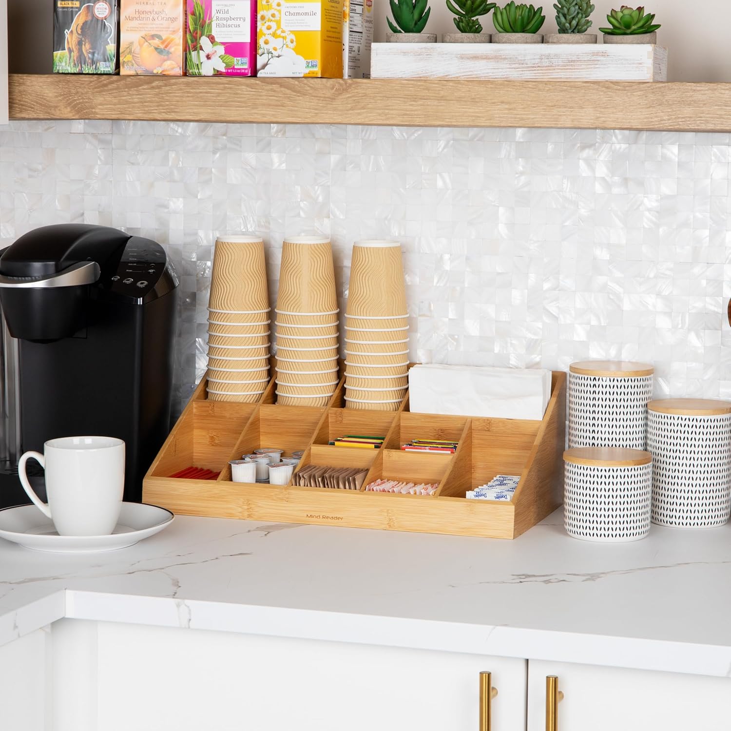 Mind Reader Cup and Condiment Station, Countertop Org, Coffee Bar, Rayon from Bamboo Cup, 18.125"L x 9.5"W x 6.5"H, Brown