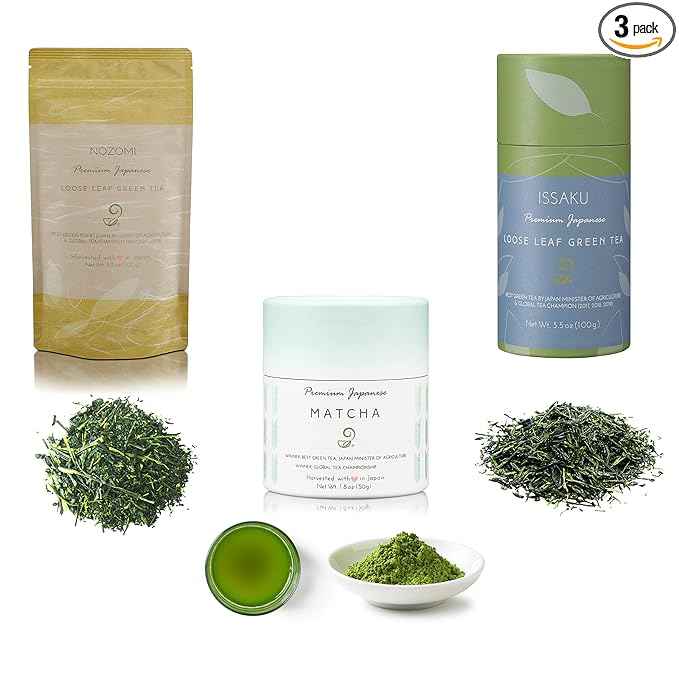 Matcha, Issaku and Nozomi Tea Assortment from Japanese Green Tea Co – Single Origin All-Natural Japanese Tea Set – Non-GMO, No Sugar – Ideal for Tea Lovers