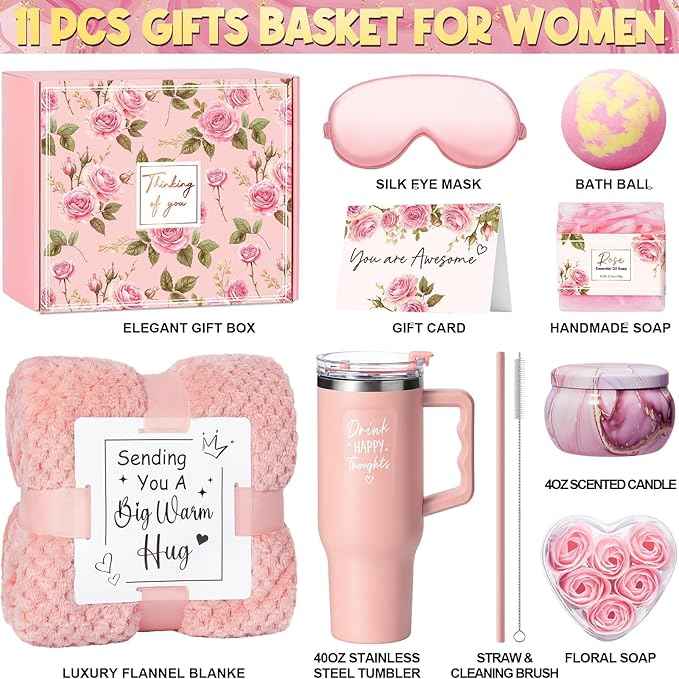 Birthday Gifts for Women Self Care Get Well Soon Gifts, Rose Relaxing Spa Gift Box Care Package Basket w/ Luxury Flannel Blanket 40 oz Tumbler, Mother's Day Gift for Mom Her Wife Girlfriend Sister