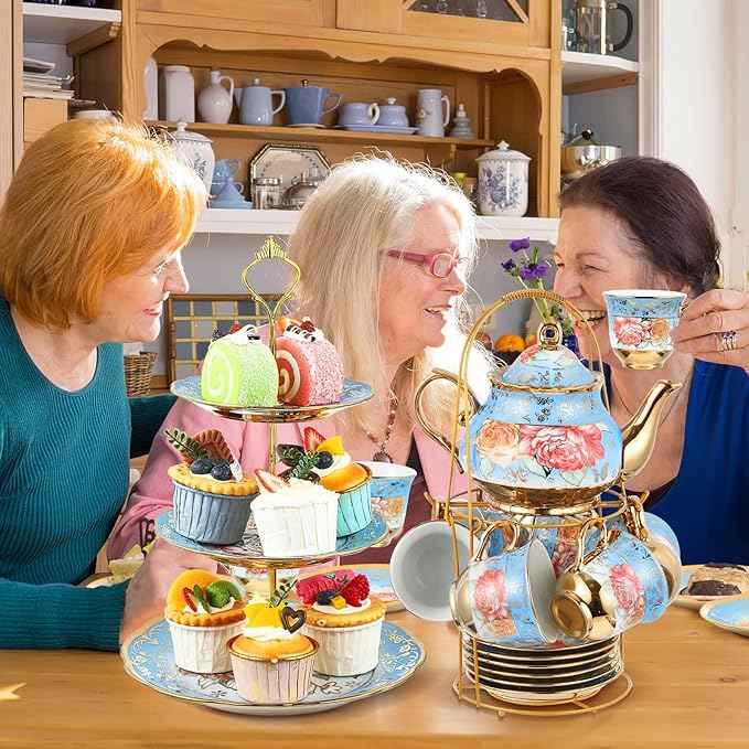 Maxcheck 21 Pcs Porcelain Tea Set for Women Tea Party with Metal Holder and 3 Tier Cake Stand Ceramic European Floral Teapot Set for Adults Mother's Day Christmas Thoughtful Gift(Advanced Style)
