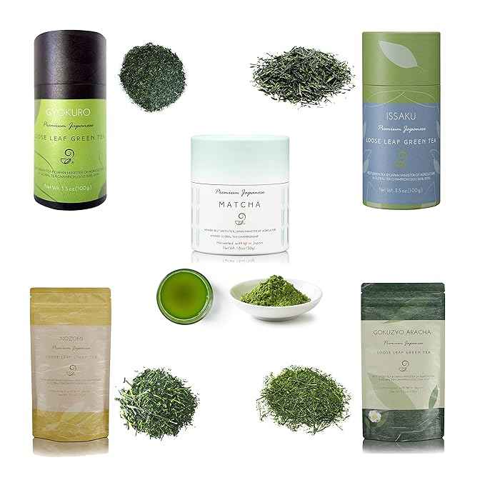 Matcha, Gyokuro, Issaku, Nozomi and Gokuzyo Aracha Tea Assortment from Japanese Green Tea Co - Single Origin All-Natural Japanese Tea Set – Non-GMO, No Sugar – Ideal for Tea Lovers