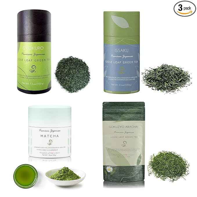 Matcha, Gyokuro, Issaku and Gokuzyo Aracha Tea Assortment from Japanese Green Tea Co - Single Origin All-Natural Japanese Tea Set – Non-GMO, No Sugar – Ideal for Tea Lovers