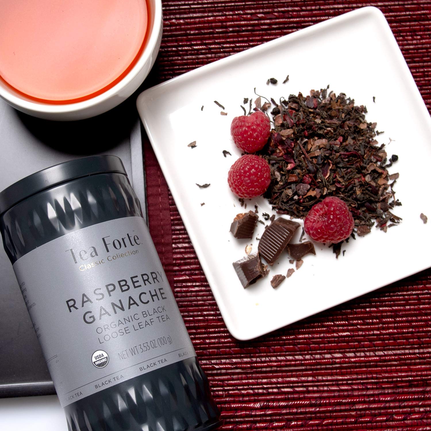 Tea Forte Raspberry Ganache Premium Organic Loose Leaf Caffeinated Black Tea Blend Canister, Makes 35-50 Cups
