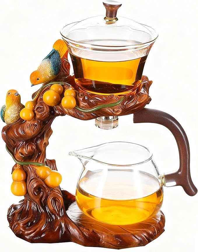Lazy Kungfu Glass Tea Set Heat Resistant Semi Automatic Drip Rotating with Infuser Magnetic Teapot Set for Gongfu Tea Making Ideal (Gourd Bird)