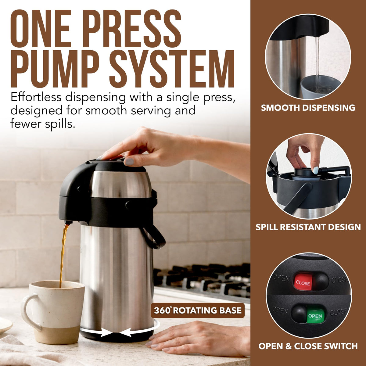 Airpot dispenser with swivel base for pouring