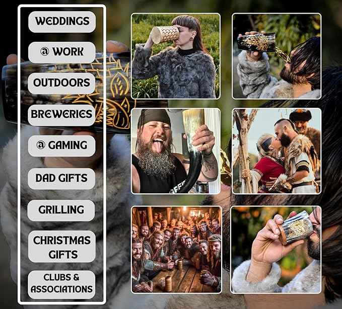 Viking Horn Shot Mugs Set of 6,100% Authentic, Unique, Handmade Natural Ox Horn Shot Glasses| 3oz Cool Unique Tumbler, Beer Gift for Men and Women, Goblet| Mediaeval Stein for Ale, Mead, Whisky…