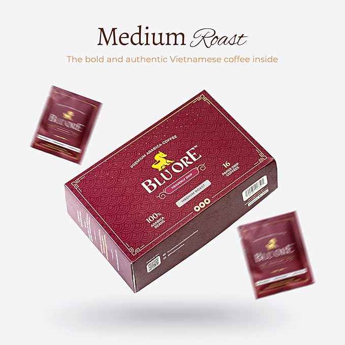 Blu Ore Premium Vietnamese Coffee - Single Serve Pour Over (16 Pack) - 100% Arabica Drip Bag Coffee, Eco-Friendly Filter, Travel Friendly, No Preservatives - Medium Roast