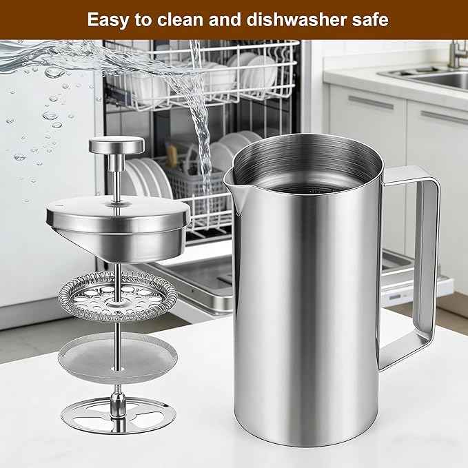 small French Press Coffee Maker 600ml, Double-Wall Insulated French Press Coffee Press Stainless Steel for travel camping, Silicone handle (2-4cup, 20 OZ) silver