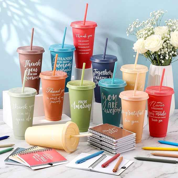 Shellwei 36 Pcs Employee Appreciation Gifts Bulk 24 oz Thank You Tumbler with Lid and Straw Mini Spiral Notebooks and Pens Appreciation Gifts for Team Employee Coworkers Teacher (Different)