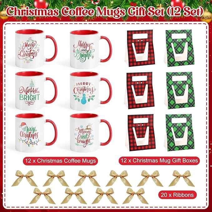 LemonRoad 12 Sets Christmas Coffee Mugs with Mug Boxes 12 oz Ceramic Merry Christmas Coffee Cups Xmas Cups with Gift Boxes Ribbon for Xmas Winter Holiday Housewarming Party Gift