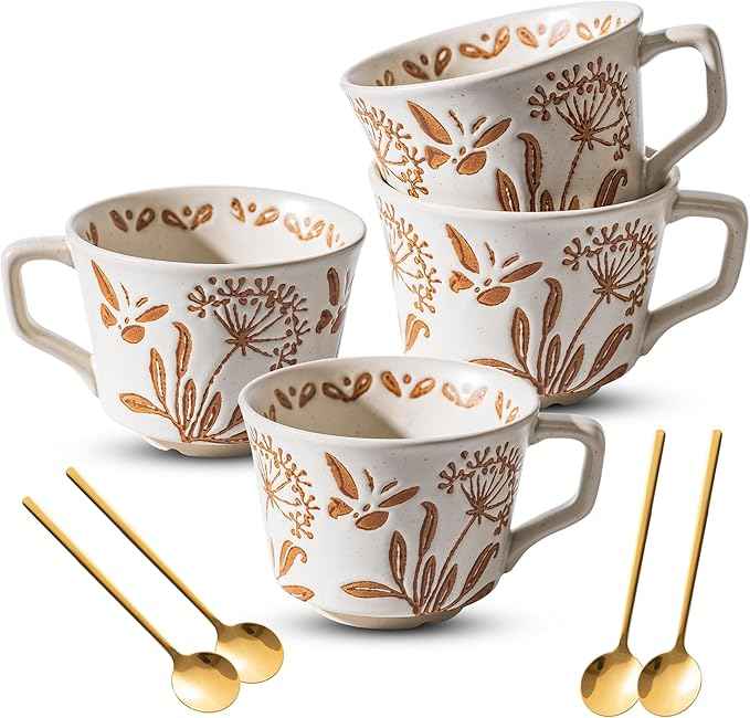 Ceramic Mugs 11 oz Unique Luxurious Cups Set of 4 with Premium Spoon, Mug for Coffee Milk Latte Cappuccino Tea, for Office Home Dishwasher Microwave Freezer Safe, Birthday Gift, Stoneware