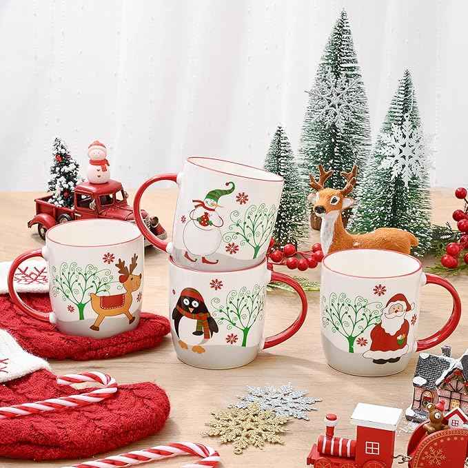 YHRJWN Christmas Mugs Set of 4, Merry Christmas Coffee Mugs with Reindeer, Santa, Snowman, Penguin Designs, Holiday Gifts for Family & Friends, 11 Oz