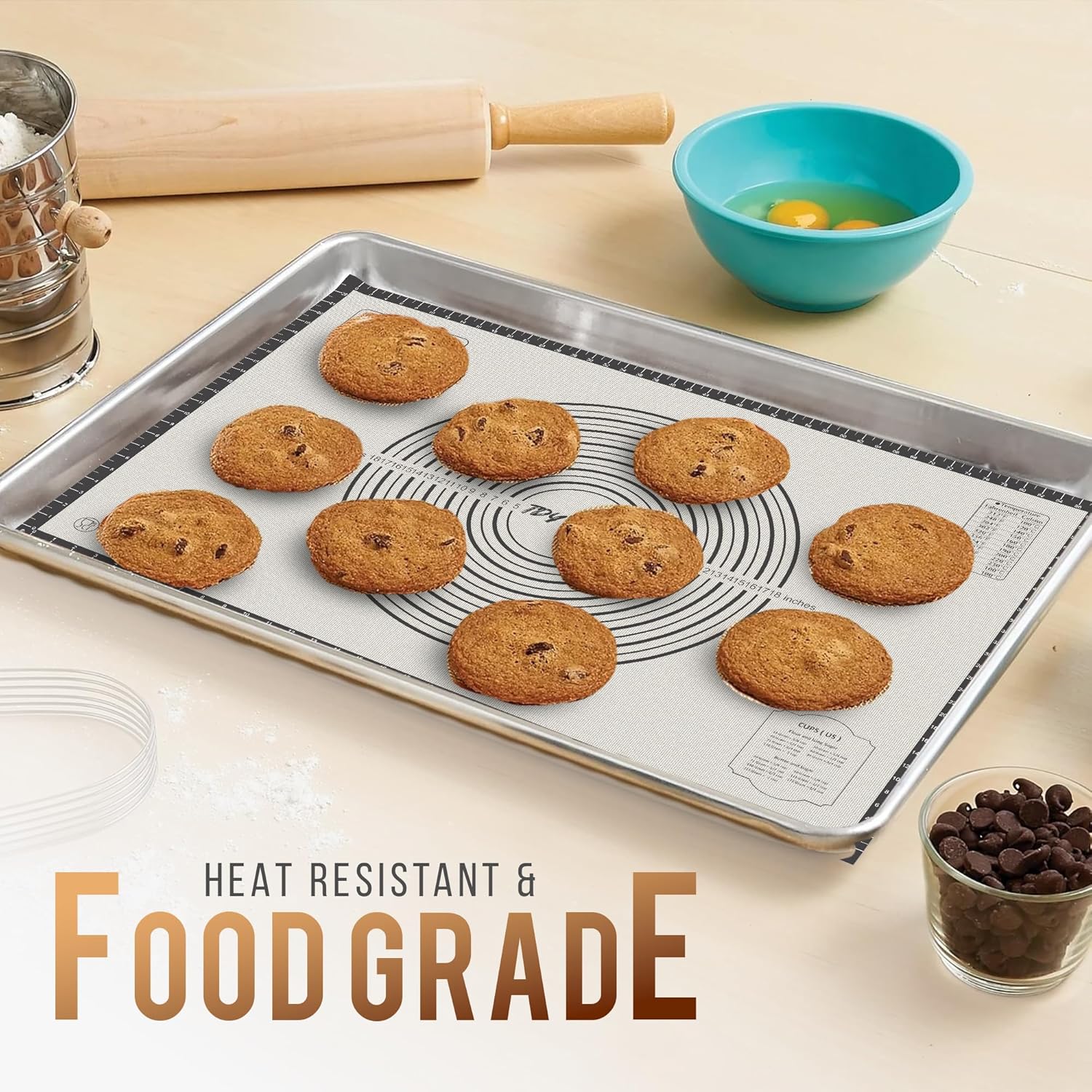 26 * 16 inches Black, Non-Slip Silicone Baking Sheets - Baking Mat with 0.7mm Thickness - Non-Stick Pastry & Cookie Mat for Kitchen Counter for Rolling Out Dough with Measurements.