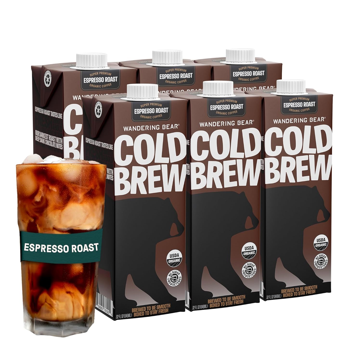 Wandering Bear Espresso Roast Organic Cold Brew Coffee, 32 fl oz, 6 pack - Extra Strong, Bold, Smooth, Unsweetened, Shelf-Stable, Ready to Drink, 100% Organic, Iced Cold Brewed Coffee Drinks