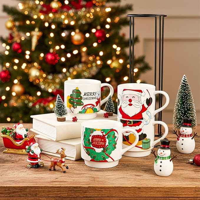 Peohud Set of 4 Christmas Coffee Mugs, 14 Oz Stackable Cappuccino Cups with Metal Stand, Porcelain Holiday Hot Cocoa Mugs Gift Set for Families, Friends, Latte, Americano, Milk, Beverages
