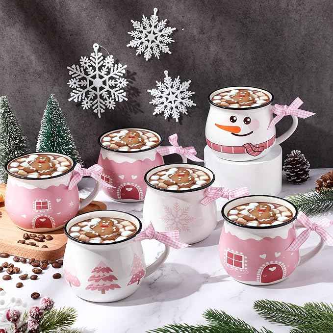 Jinei Set of 6 Christmas Coffee Mugs Gift, 12 oz Hot Cocoa Ceramic Cup for Holiday Milk Tea Mugs Coffee Bar Decoration Christmas Gift for Mom Woman Family Friend(Pink,Snow House)
