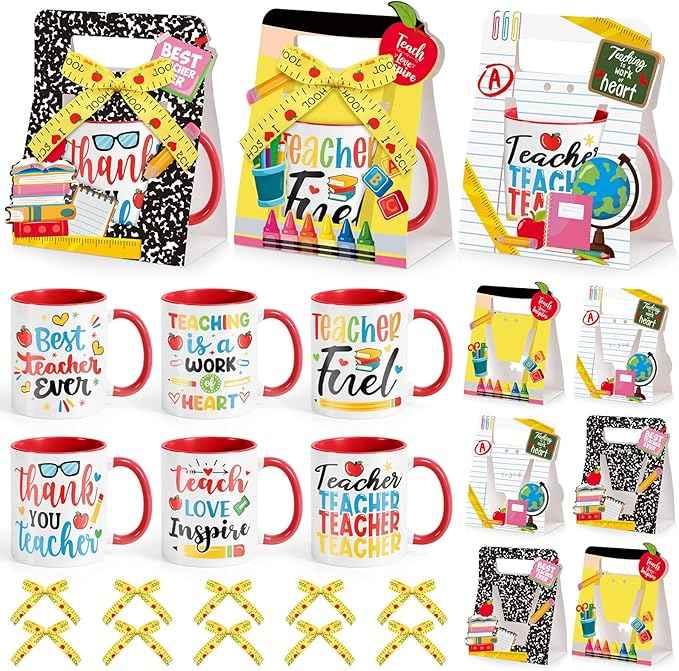 LemonRoad 6 Sets Teacher Appreciation Gifts Bulk 12 oz Teacher Appreciation Coffee Mugs with Mug Holders Thank You Coffee Cup with Gift Boxes Ribbon for School Graduation Staff Coworkers Team Gifts