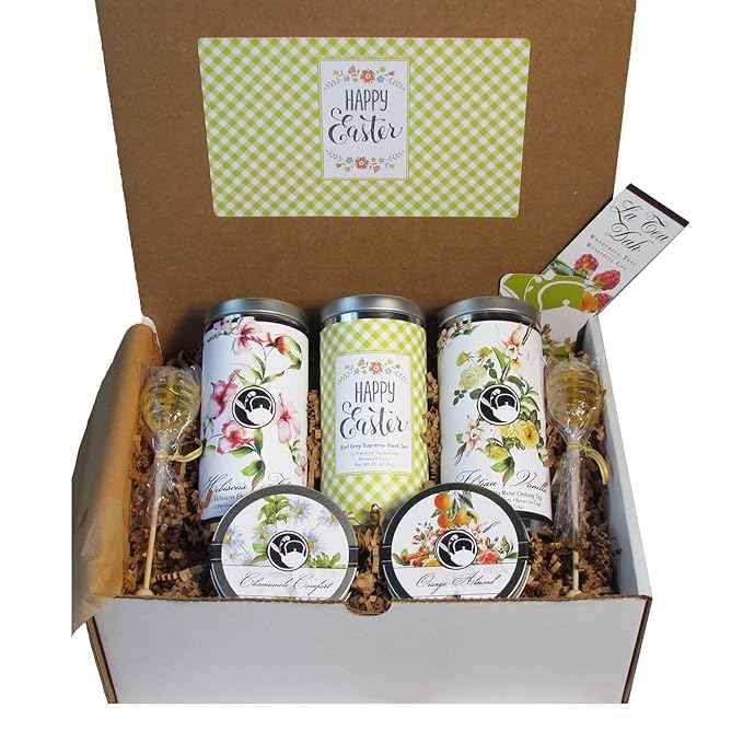 Easter Tea Gift Basket by La Tea Dah, Five Tins of Premium Tea & Two Honey Stirrers In a Festive Easter Basket, Hibiscus, Vanilla, Chamomile, Orange Almond, & Earl Grey Tea, Easter Gifts for Adults