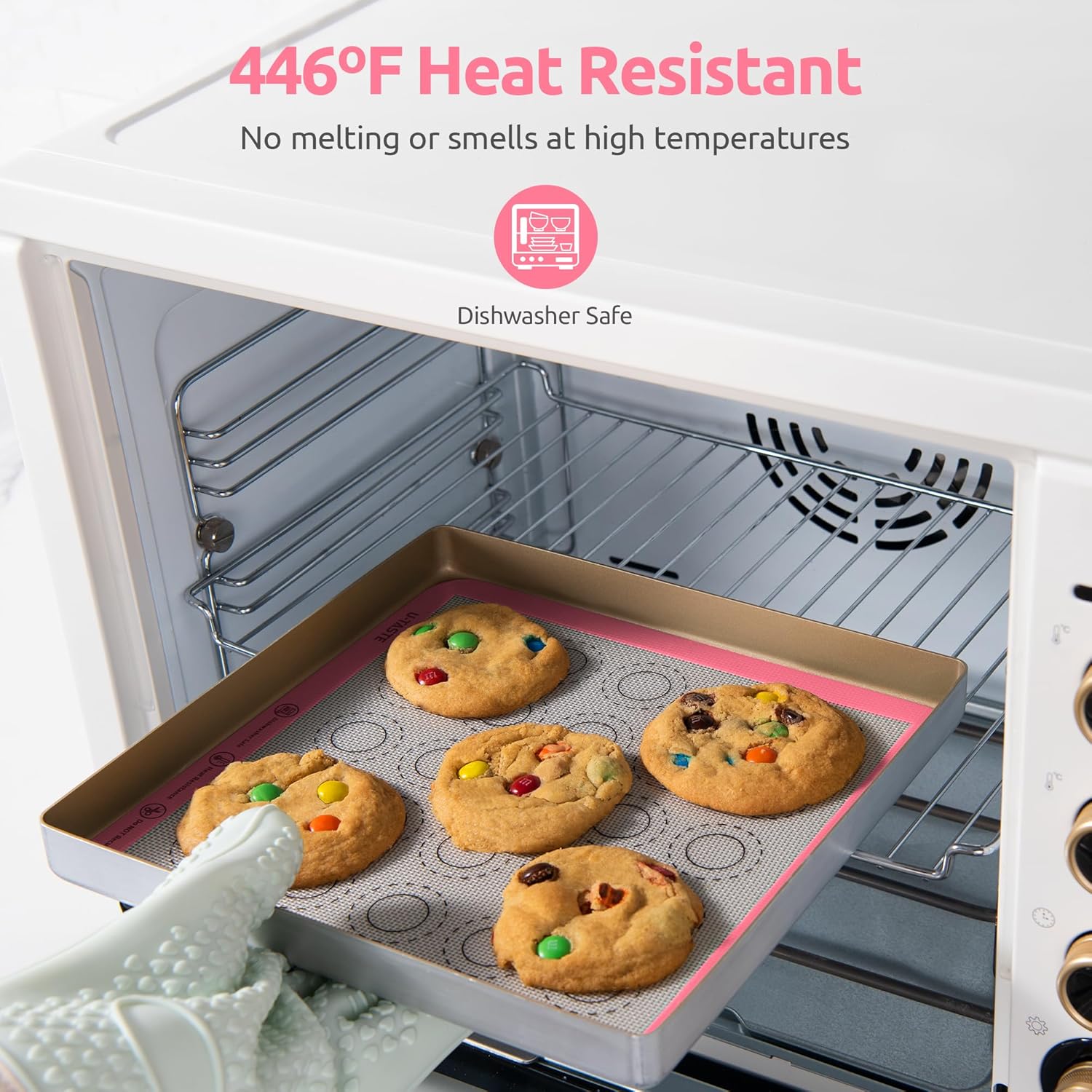 446ºF Heat Resistant Macaron Mat: U-Taste 11x11in Non Stick Silicone Baking Mat, Reusable Cookies Pastry Sheet Liner with Edge Enhancement & Circle Measurement for Square Cake Pan (2 PCS, Pink)