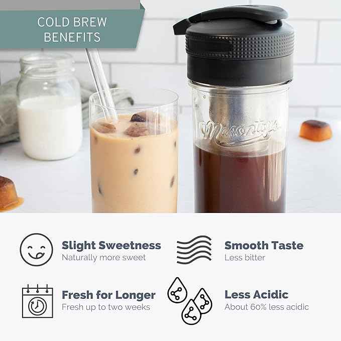 Masontops Cold Brew Makers Kit - Deluxe Iced Coffee Maker with Glass Pitcher & Stainless Steel Mesh Filter - Easy Pour Fridge Cold Brewer System