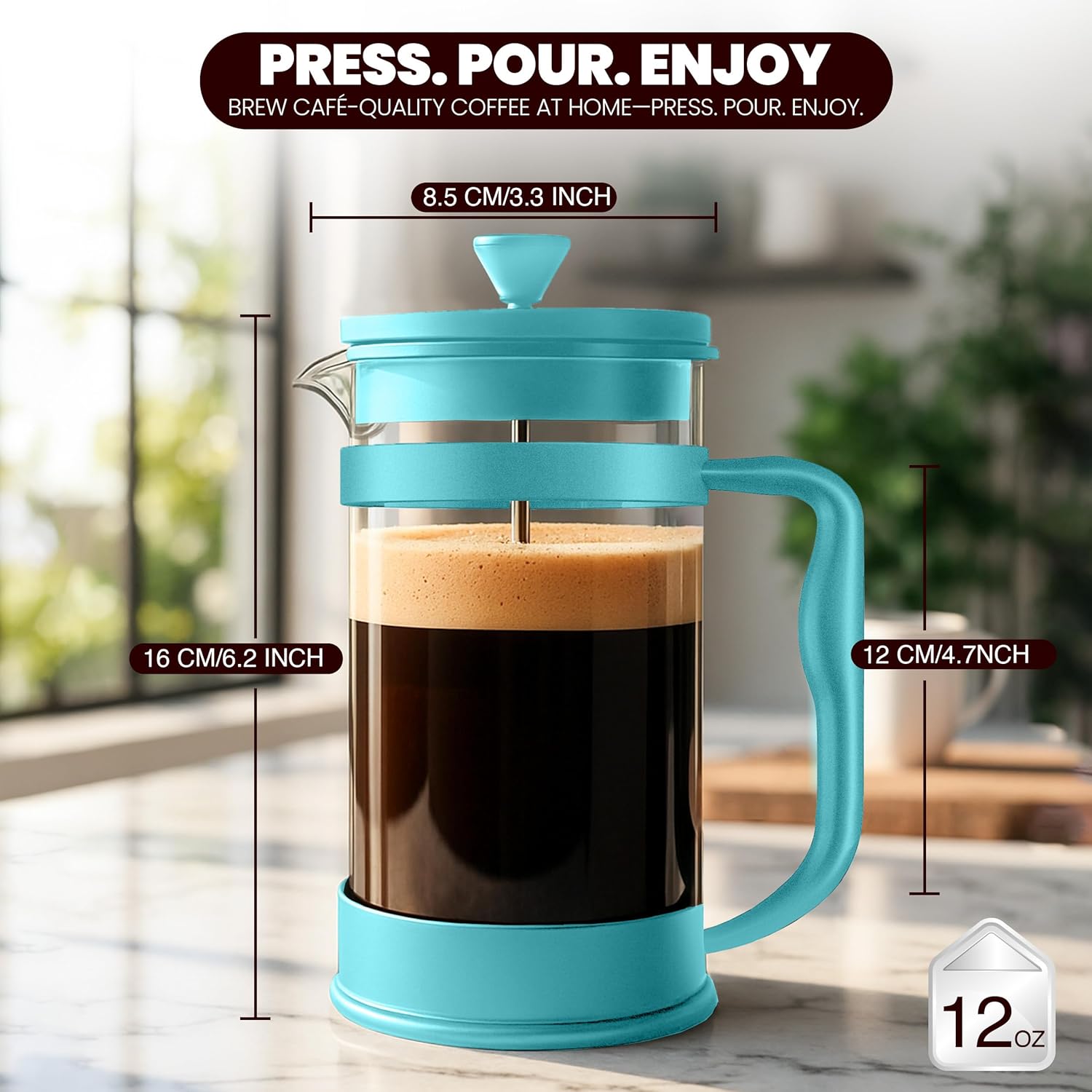 Utopia Kitchen French Press Espresso and Tea Maker with Triple Filters, Stainless Steel Plunger and Heat Resistant Borosilicate Glass (Aqua, 12-oz (Pack of 1)) - Blissbrew
