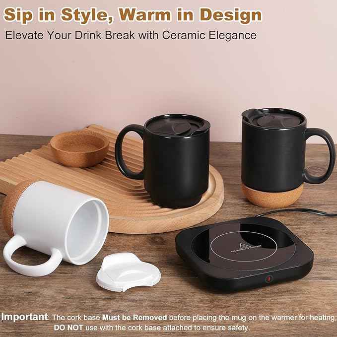 Coffee Mug Warmer & Mug Set for Desk, Electric Coffee Cup Warmer with Ceramic Mug, Smart Heated Coffee Mug with Auto Shut Off for Office/Home, Christmas/Birthday/Coffee Gifts for Men & Women, Black