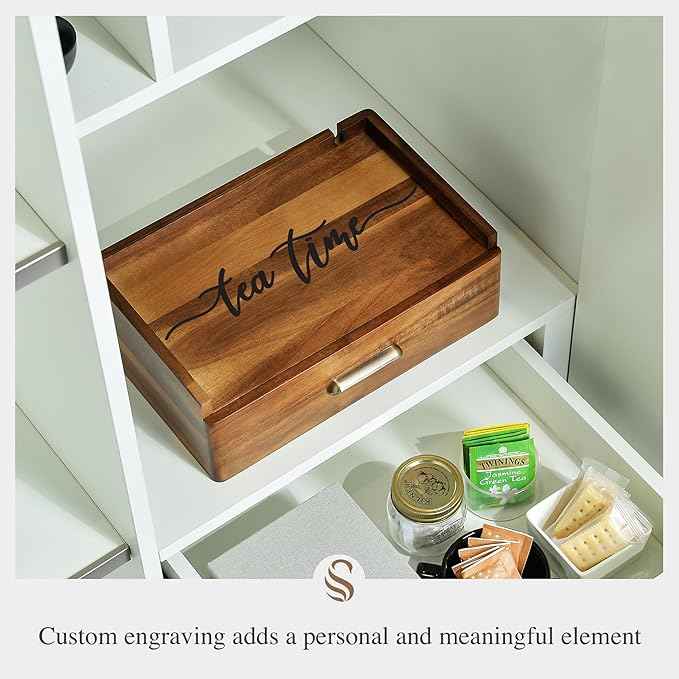 Shanik Custom Engraved Organizer - Personalized Box with Drawer for Tea Collection, Solid Wood Station - Modern Drinker Gift.
