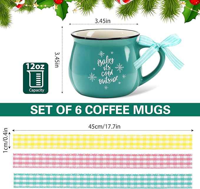 Sawysine Christmas Coffee Mugs Set of 6, 12 oz Ceramic Mug Gift Holiday Hot Cocoa for Family Mom Woman Friend Farmhouse(Pastel Style)