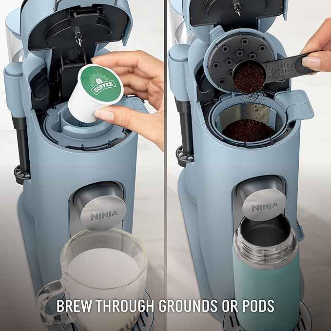 Ninja Pod & Grounds Specialty XL Single-Serve Coffee Maker, K-Cup Pod Compatible, Brews Grounds, Compact Design, Built-In Milk Frother, 68-oz. Reservoir, 6oz. Cup-24oz. Mug Sizes, Denim Blue, PB055ABL