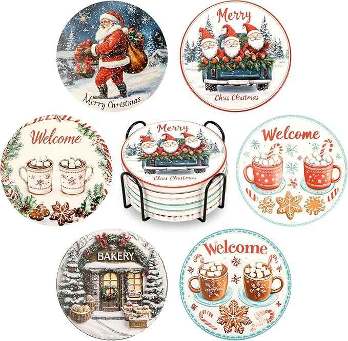 Christmas Drink Coasters Set of 6 with Black Holder and Cork Base, Absorbent Ceramic Coasters Round Decorative Coffee Table Decor for House Warming Gifts New Home