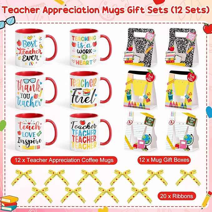 LemonRoad 12 Sets Teacher Appreciation Gifts Bulk 12 oz Teacher Appreciation Coffee Mugs with Mug Holders Thank You Coffee Cup with Gift Boxes Ribbon for School Graduation Staff Coworkers Team Gifts