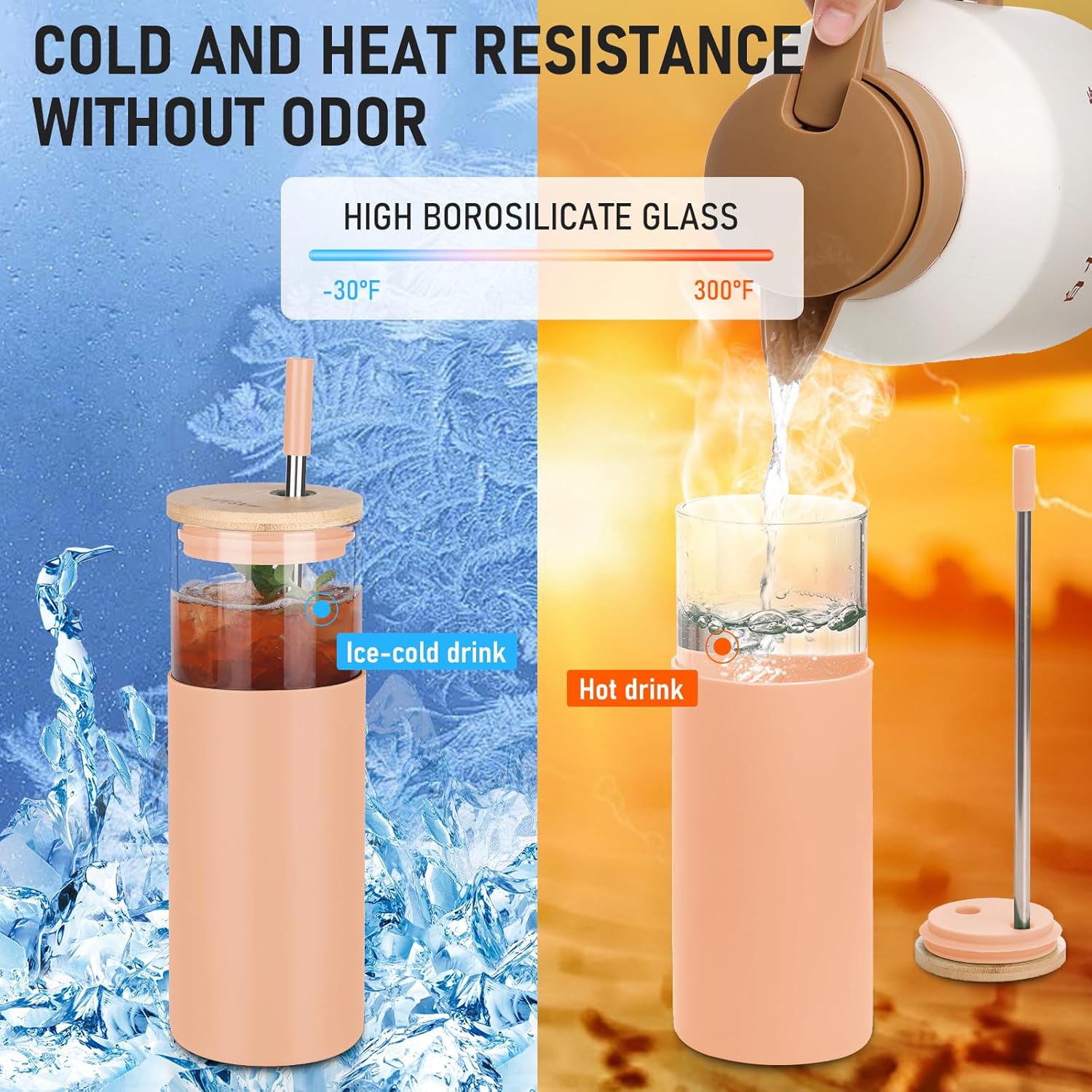 Glass Tumbler w/Lids & Straw - 24oz Reusable Mug w/Bamboo Lid & Stainless Steel Straw - BPA-Free, Leak-Proof, Dishwasher Safe for Coffee, Smoothies, Hot Beverages, Travel, Office, Home Use，4-PK