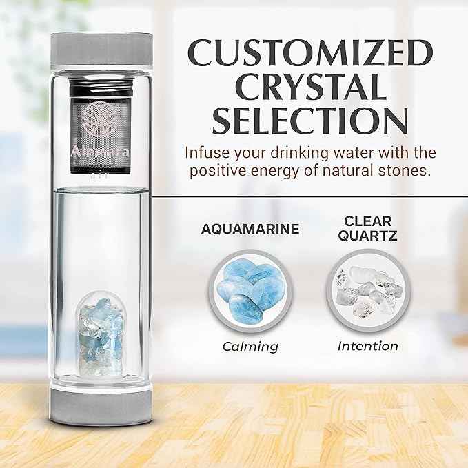 Almeara Crystal Water Bottle with Authentic Aquamarine Stones and Clear Quartz Removable Gemstones, Loose Leaf Tea Infuser - Relaxation, Healing & Spiritual Gifts for Women - Witchcraft Supplies