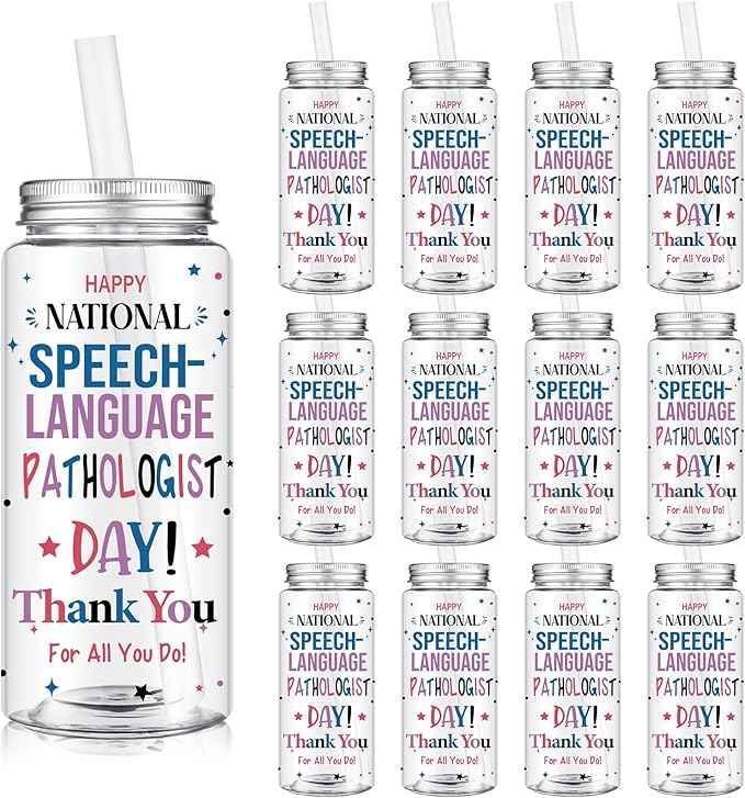 Vesici 12 Pcs Gift 14.2oz National Speech-language Pathologist (SLP) Day Gifts Tumbler with Lid and Straw Plastic Reusable Tumbler Bulk Speech Therapist Gifts Drinking Cup for SLP Day Party Favors