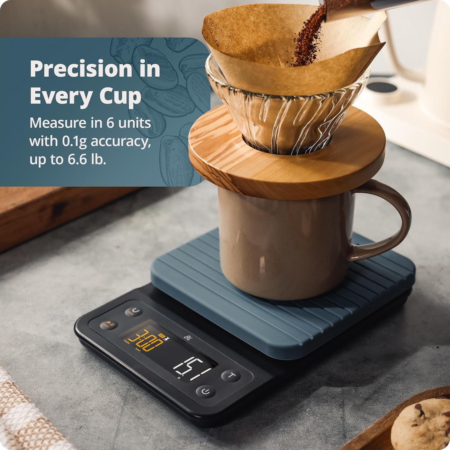 Greater Goods 0.1g Precision Coffee Scale with Timer – 3kg Digital Scale for Pour-Over, Espresso, French Press, Kitchen Use (Stone Blue) - Blissbrew