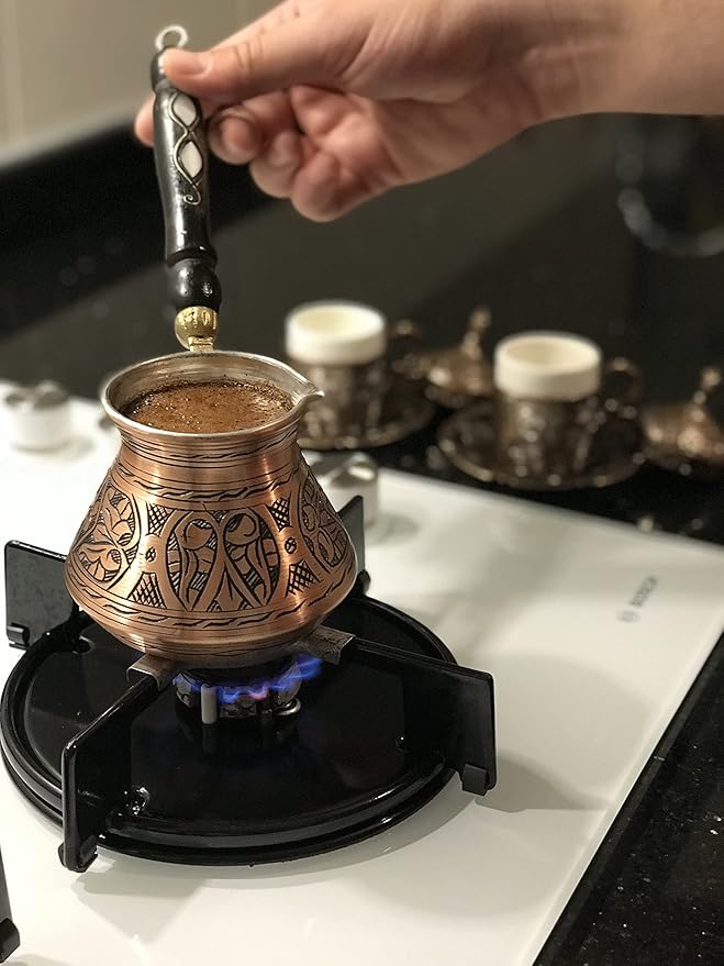 BCS 18 Oz X-Large Copper Turkish Greek Arabic Coffee Pot with Wooden Handle (6 servings) Cezve Ibrik Briki Stovetop Coffee Maker (Includes Wooden Spoon)