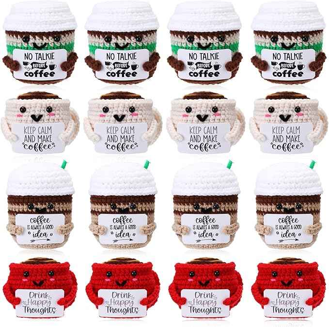 HyDren 12 Pcs Handmade Coffee Lovers Gifts Bulk Motivational Crochet Coffee Cup Plush Dolls with Positive Quotes for Women Men Coworkers Friend Office Home Desk Decor Birthday Holiday Party Favor