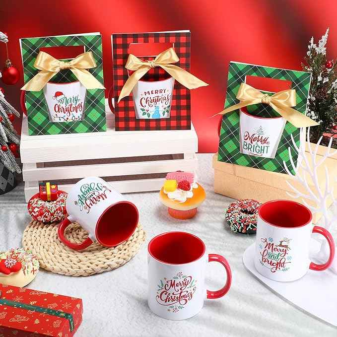 LemonRoad 12 Sets Christmas Coffee Mugs with Mug Boxes 12 oz Ceramic Merry Christmas Coffee Cups Xmas Cups with Gift Boxes Ribbon for Xmas Winter Holiday Housewarming Party Gift