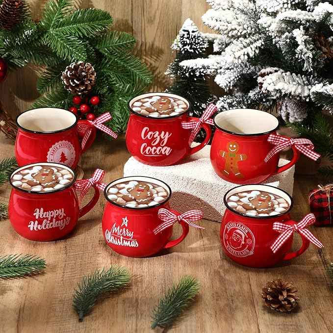 Sawysine Christmas Coffee Mugs Set of 6, 12 oz Ceramic Mug Gift Holiday Hot Cocoa for Family Mom Woman Friend Farmhouse (Gingerbread Man Style)