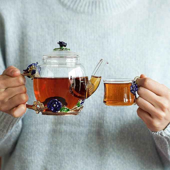 BTaT- Floral Glass Tea Set for Adults, Service for 2, Fancy Glass Pot(8 oz) & Cups(2 oz), Blue Butterfly & Flower Design with Gift Box, Tea Pot Sets for Women Gift, Chrisrmas Gifts