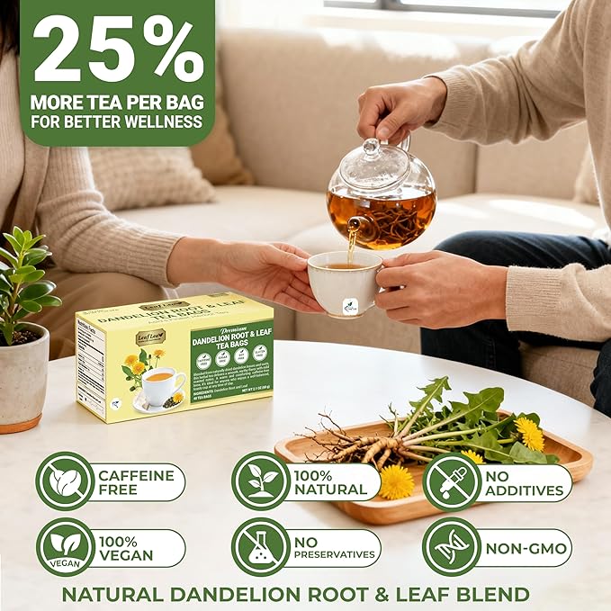 LeafLea 80 Dandelion Root and Leaf Tea Bags, Dandelion Tea for Digestion Support, Roasted Dandelion Root Herbal Tea Blend, Caffeine-Free, Vegan, Te de Diente de Leon (2 Pack)