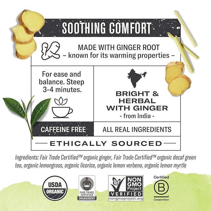 Numi Organic Ginger Lemon Decaf Tea, 48 Green Tea Bags with Lemongrass and Ginger Root